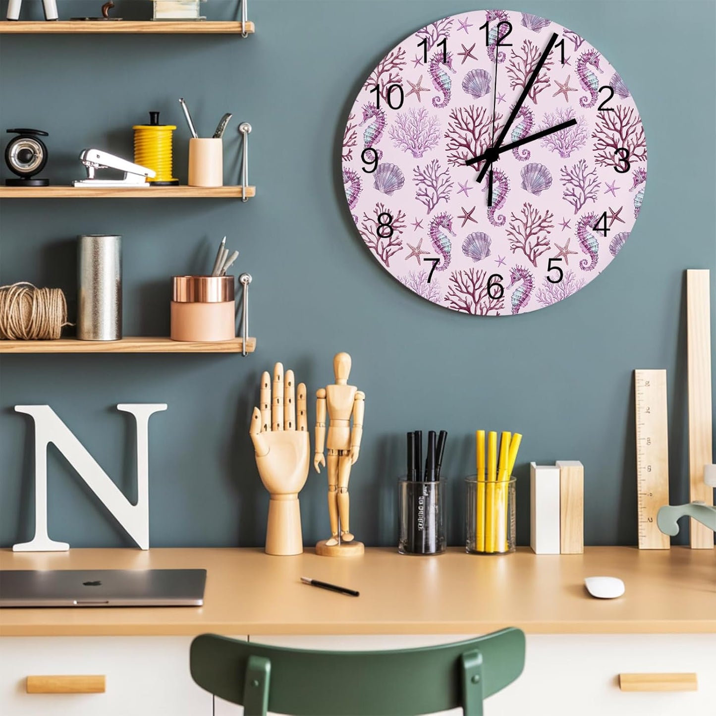 Marine Life Wall Clock Battery Operated Non-Ticking 10" Round Wood Clocks, Ocean Coral Seahorse Starfish Pink Kitchen Wall Clock for School Bathroom Living Room Home Office Wall Decor