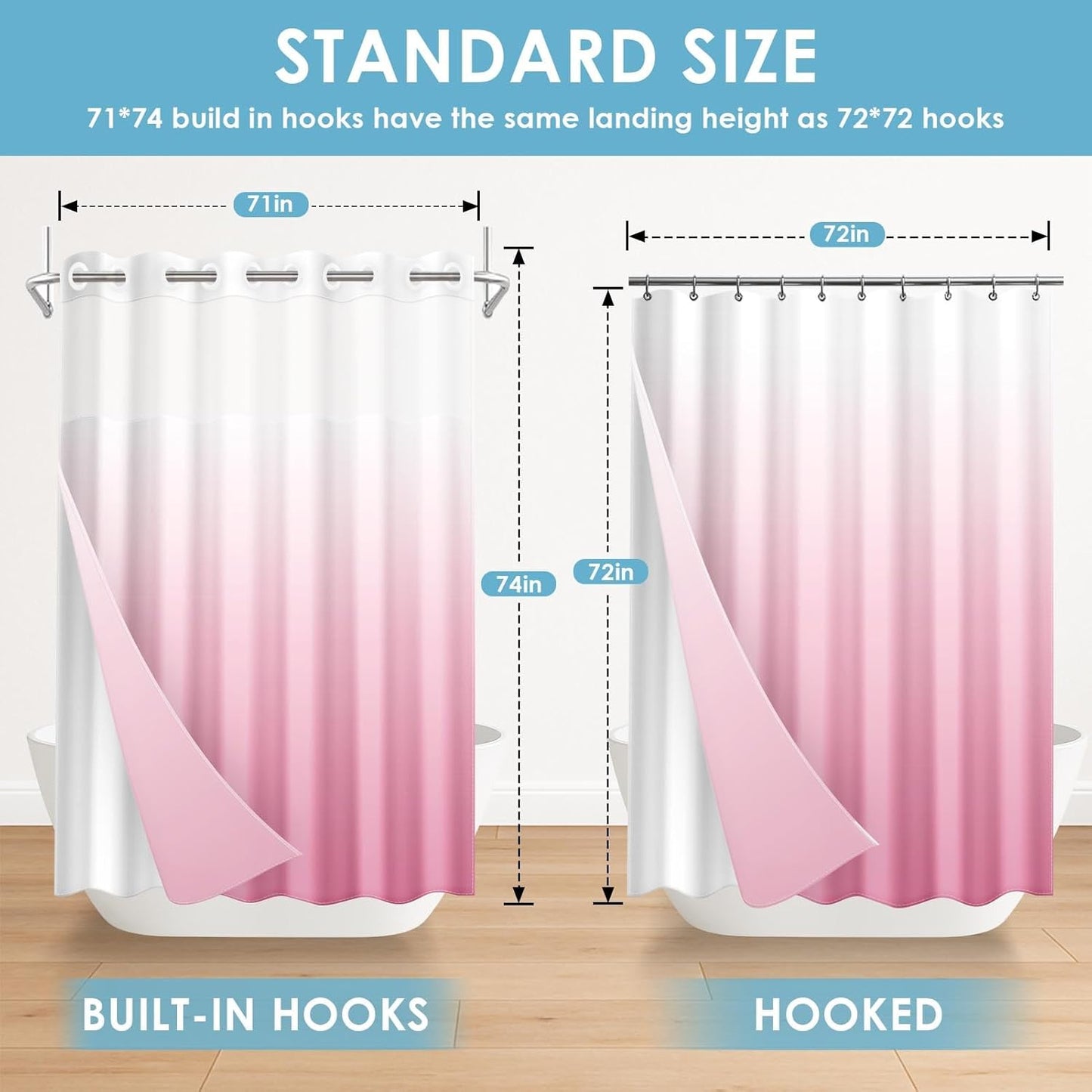 No Hook Ombre Pink Shower Curtain with Snap in Fabric Liner Set, Modern Design Double Layers Waterproof Fabric with See Through Top Window Open Grommet Bath Curtain 71x74 Inch