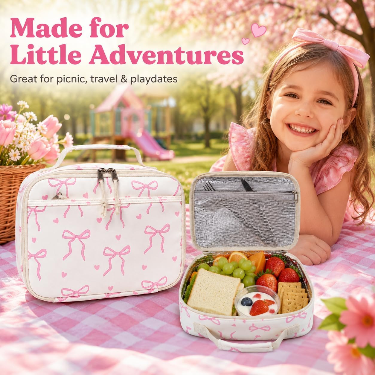 LOIDOU Insulated Lunch Bag for Kids Girls, Cute Bow Insulated Lunch Box Bag for Toddler, Womens Small Lunch Tote, Lunch Box Containers for School Work Picnic, Pink