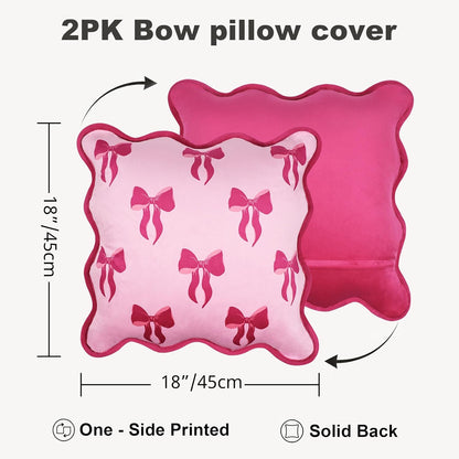 Pink Bow Pillow Covers 18x18 Set of 2, Scalloped Pillow Cases,Plush Bowknot Aesthetic Decor for Bed Sofa Couch,All Season Christmas Home Accents