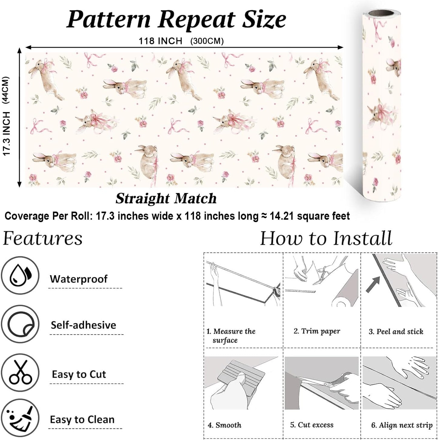 LHIUEM Boho Bunny Peel and Stick Wallpaper 17”x118”Pink Ribbons Rabbit Floral Self Adhesive Contact Paper Easter Botanical Wallpaper Flowers and Leaf Art Paper Woodland Nursery Wall Mural for Bedroom