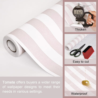 Tomete Pink and White Striped Wallpaper Peel and Stick Modern 17.3"x78.7" Self-Adhesive Removable Wallpaper for Girls, Work in Bedroom, Nursery, Vinyl Film for Cabinets Waterproof, Easy to Clean/Match