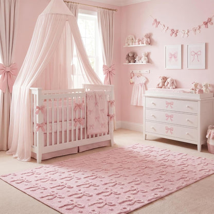 Pink Bow Area Rugs 4 x 6 ft Cute Sweet Throw Rugs Pink Plush Faux Fur Aesthetic Soft Bedroom Carpet for Living Room Dining Playroom Nursery Family Indoor Dorm