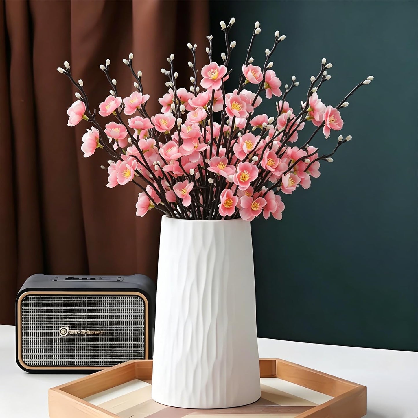 Artificial Cherry Flowers Branches 15PCS Silk Cherry Blossom Tree Stems Faux Cherry Flowers Vase Arrangements for Home Indoor Decoration Vase Table Living Room Bedroom Spring Decor (Pink)