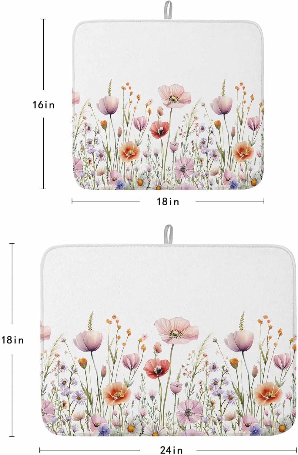 Light Pink Dish Drying Mat for Kitchen Counter Floral Rustic Wildflower Leaf Spring Blossom Absorbent Microfiber Quick Dry Pad Non Slip Drainer Mats 16x18 Inch, 2 Pack