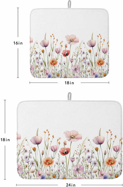 Light Pink Dish Drying Mat for Kitchen Counter Floral Rustic Wildflower Leaf Spring Blossom Absorbent Microfiber Quick Dry Pad Non Slip Drainer Mats 16x18 Inch, 2 Pack