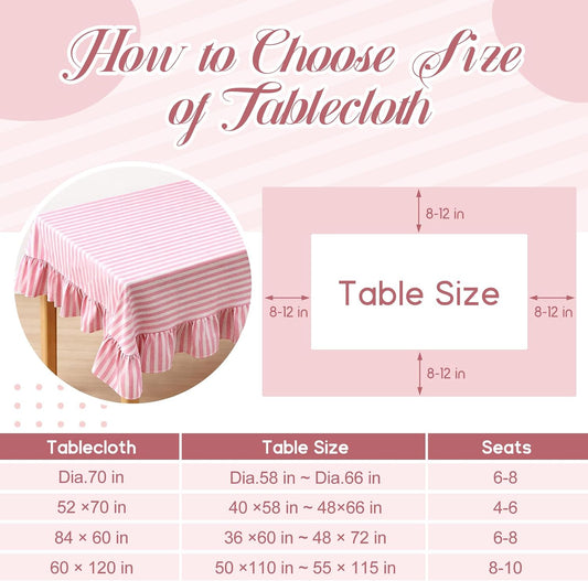 Mindsoft Pink Striped Ruffled Tablecloth 70 x 52 Inches Cotton Linen Rectangular Striped Table Cloth Classic Farmhouse Vintage Table Cover Decorative Pattern for Holiday Party