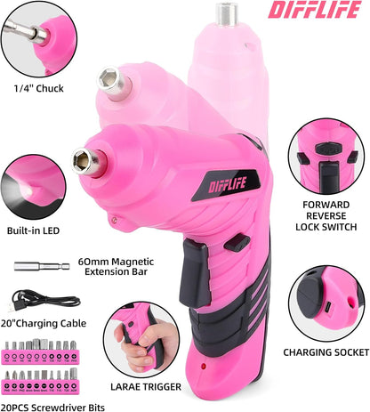 Pink Power-Screwdrivers Tool Set for Women,3.6V Power Screwdriver Cordless Rechargeable Tool Kit 143-Piece Electric Screwdriver Cordless Tool Set Pink 143PCS Tool Box