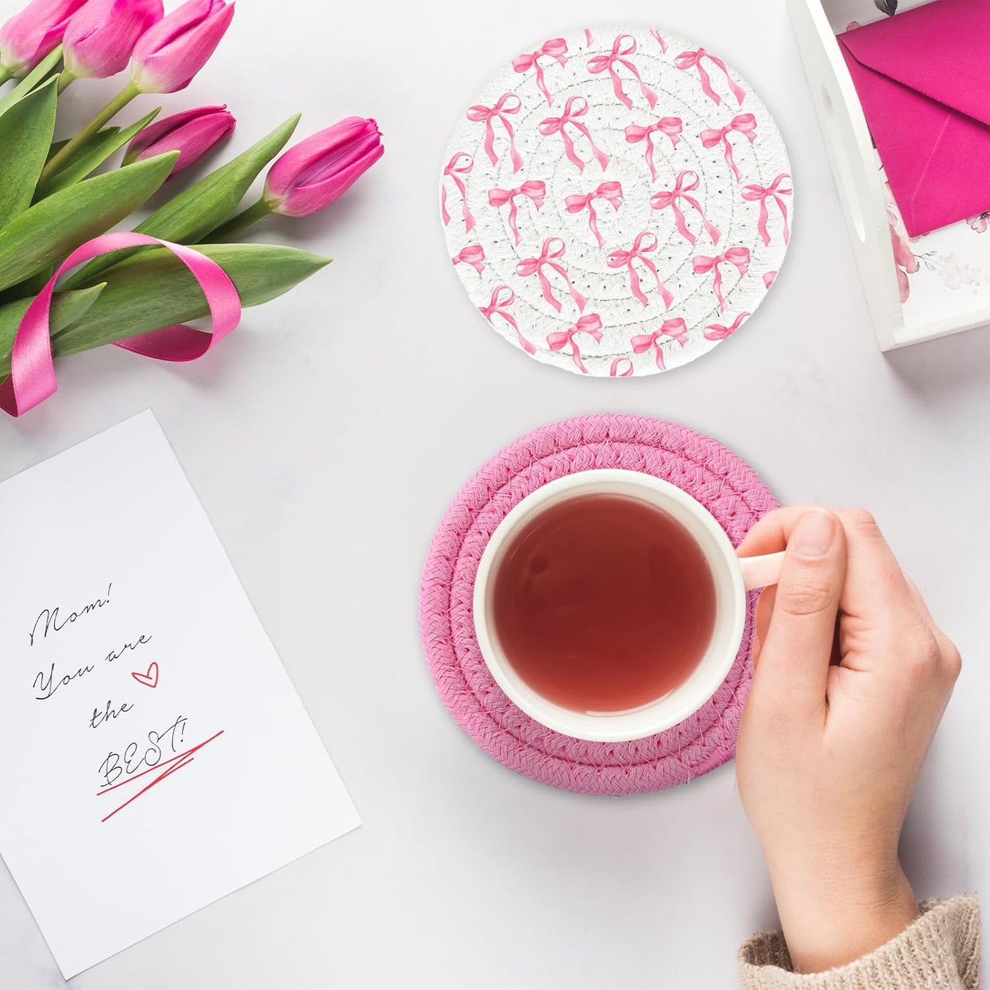 Whaline Pink Bow Coasters Handmade Braided Cotton Coasters Round Absorbent Bowknot Coquette Drink Mats for Mother's Day Valentine Birthday Wedding Baby Shower Party Home Office Table Decor, Set of 4