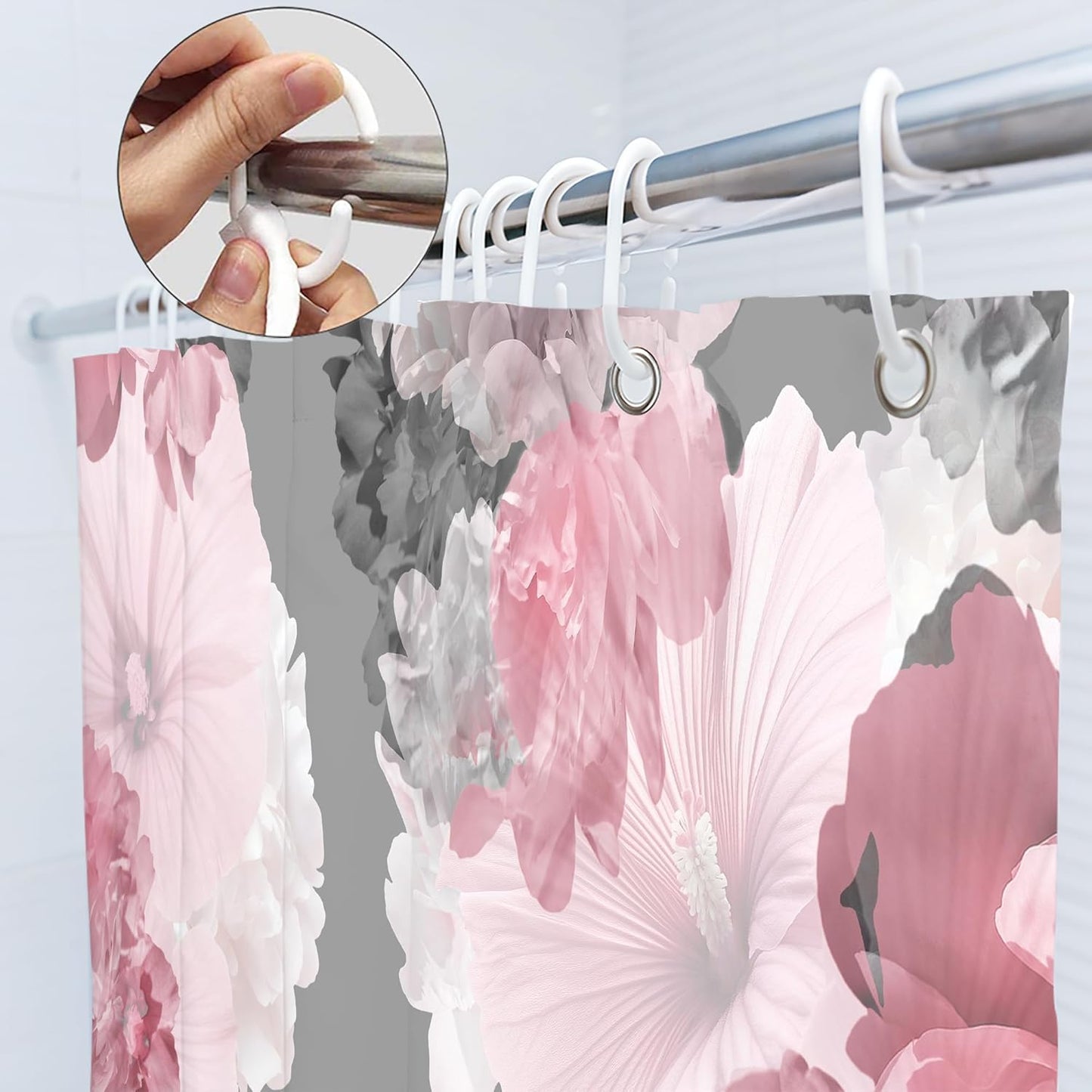 SVBright Pink Gray Flower Shower Curtain, Peony Floral Spring Watercolor Shower Curtain Woman Rose Nature Abstract Modern 60Wx72L Inch 12 Pack Hooks Polyester Waterproof Fabric Bathroom Panels