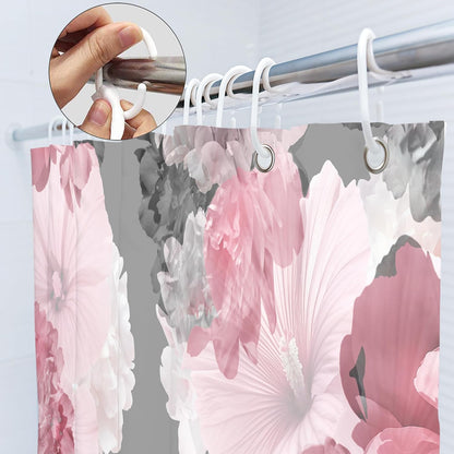 SVBright Pink Gray Flower Shower Curtain, Peony Floral Spring Watercolor Shower Curtain Woman Rose Nature Abstract Modern 60Wx72L Inch 12 Pack Hooks Polyester Waterproof Fabric Bathroom Panels