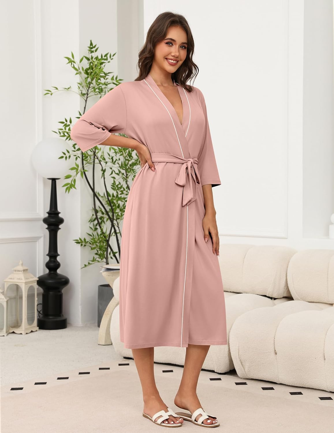 Ekouaer Robes for Women Long Knit Bathrobe Lightweight 3/4 Sleeves Kimono Robe Soft Sleepwear with Pockets S-XXL