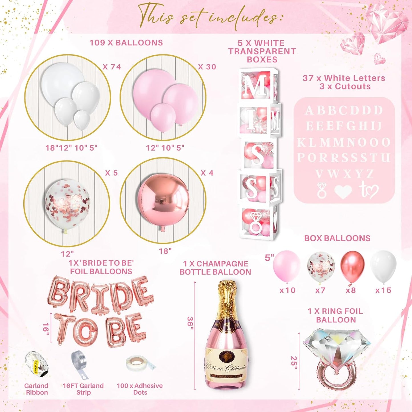 188 Pc Pink Bridal Shower Decorations – Balloon Arch, Boxes & A-Z Letters | Bridal shower & bachelorette kit: balloon arch, 5 DIY balloon boxes, foil balloons, table signs; pink/rose gold