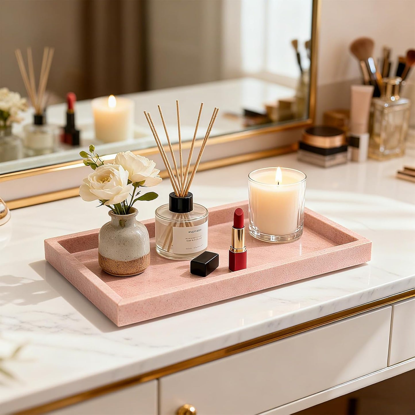 Pure Natural Marble Tray for Bathroom, Dresser, Sink. Cosmetics, toiletries, perfumes, Jewelry, Candles, etc. can be Placed (Cherry Blossom Pink, 12" x 8" x 1.2")