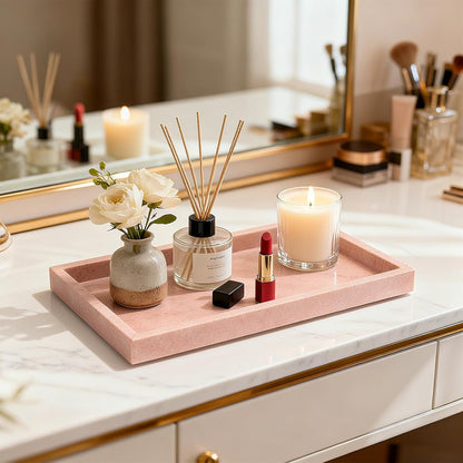 Pure Natural Marble Tray for Bathroom, Dresser, Sink. Cosmetics, toiletries, perfumes, Jewelry, Candles, etc. can be Placed (Cherry Blossom Pink, 12" x 8" x 1.2")