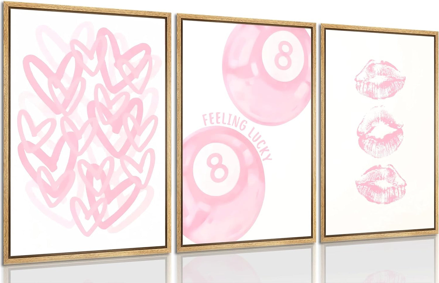 3Pcs Trendy Pink Preppy Canvas Wall Art Light Pink Cute Girly Lips Lucky 8 Ball Hearts Paintings Pictures Wall Decor Coquette Poster Printing Artwork for College Dorm Room Bedroom Home Decoration