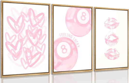 3Pcs Trendy Pink Preppy Canvas Wall Art Light Pink Cute Girly Lips Lucky 8 Ball Hearts Paintings Pictures Wall Decor Coquette Poster Printing Artwork for College Dorm Room Bedroom Home Decoration