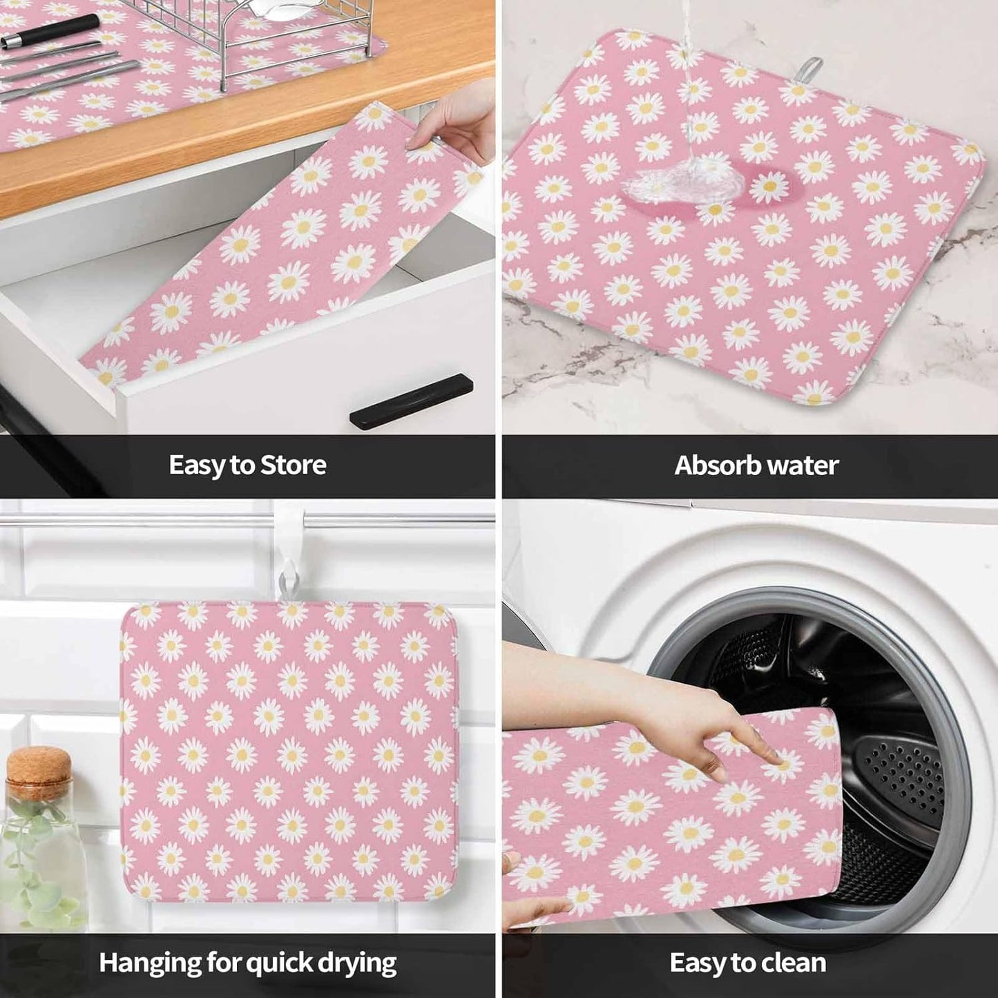 Dish Drying Mat White Daisy Floral Microfiber Absorbent Reusable Washable Dish Drying Rack Mat Light Pink Coffee Mat for Coffee Maker Bar Kitchen Countertops 18x24inch