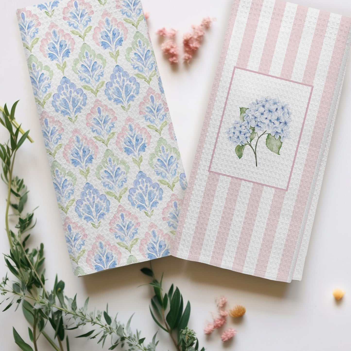 Pink and Blue Grandmillennial Hydrangea Floral Kitchen Dish Towels, Pink Striped Flower Decorative Hand Towels for Bathroom Kitchen, Preppy Floral Bathroom Decor, 16x24 Inch Set of 2