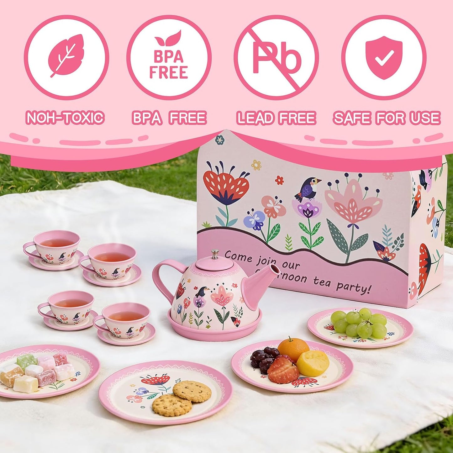 Floral Tea Party Set for Little Girls Ages 3-6, 15-Piece Pretend Play Kitchen Toys with Teapot, Cups, Plates & Storage Case, Princess Gift Set (Pink)