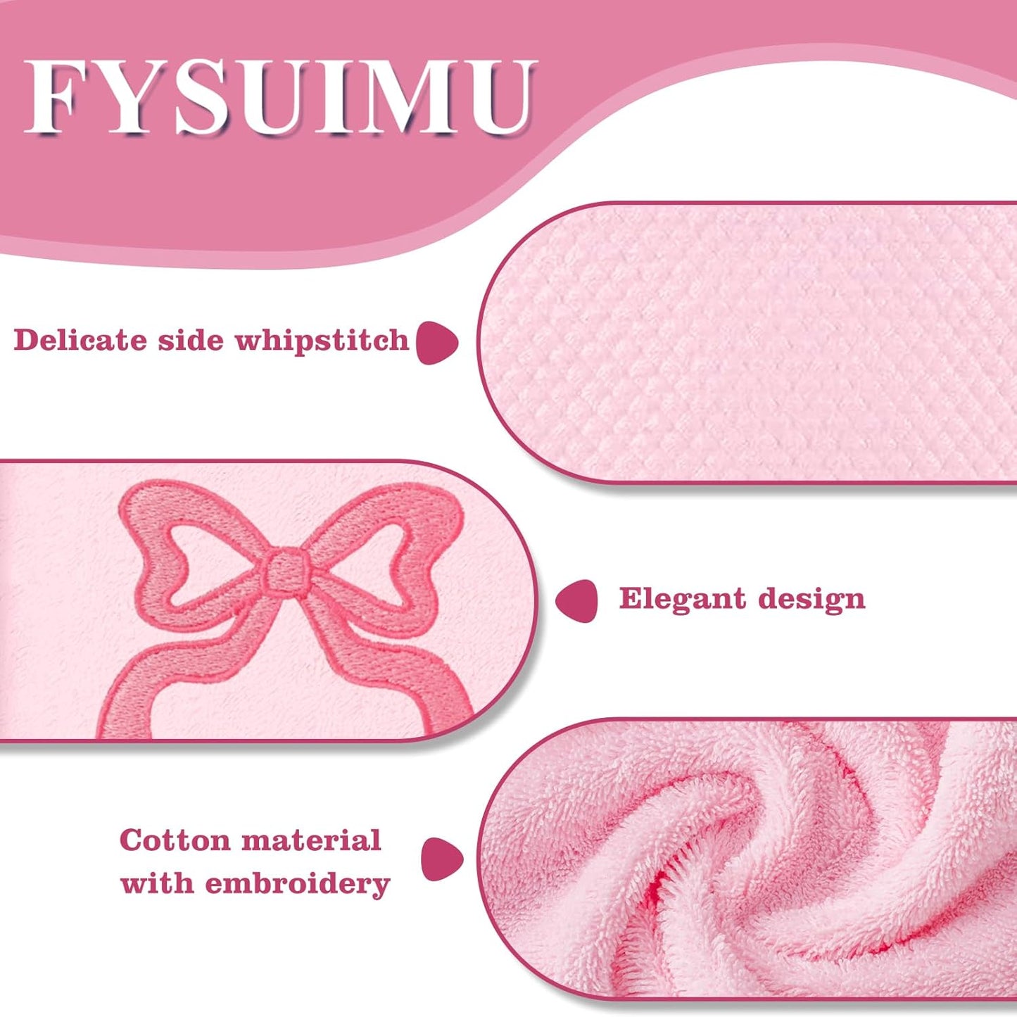 FYSUIMU 2 Pack Pink Bow Hand Towel Cotton Embroidered Cute Bowknot Bathroom Towel Dish Towels for Kitchen Hand Drying Cleaning Cooking, 29.5 x 13.7 Inch