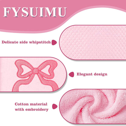 FYSUIMU 2 Pack Pink Bow Hand Towel Cotton Embroidered Cute Bowknot Bathroom Towel Dish Towels for Kitchen Hand Drying Cleaning Cooking, 29.5 x 13.7 Inch