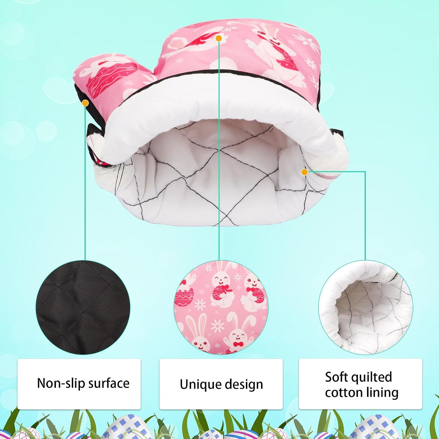 4 PCS Easter Oven Mitts and Potholders Set, Pink Easter Bunny Eggs Oven Mitt Pot Holder Rabbit Potholder Heat Resistant Non-Slip Cooking Gloves for Holiday Baking Party Favor Decor