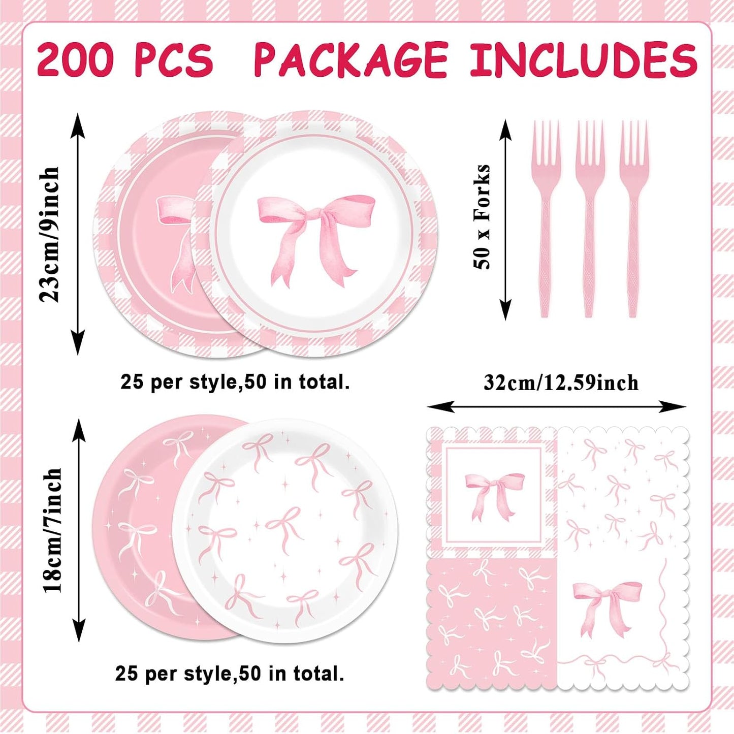96pcs Pink Bow Party Supplies Bow Birthday Party Plates and Napkins Pink Bows Decorations for Girl Bachelorette Bridal Engagement Baby Shower Cute Tableware Dinnerware Serves 24 Guests