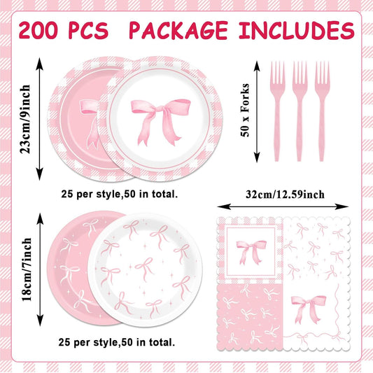 96pcs Pink Bow Party Supplies Bow Birthday Party Plates and Napkins Pink Bows Decorations for Girl Bachelorette Bridal Engagement Baby Shower Cute Tableware Dinnerware Serves 24 Guests