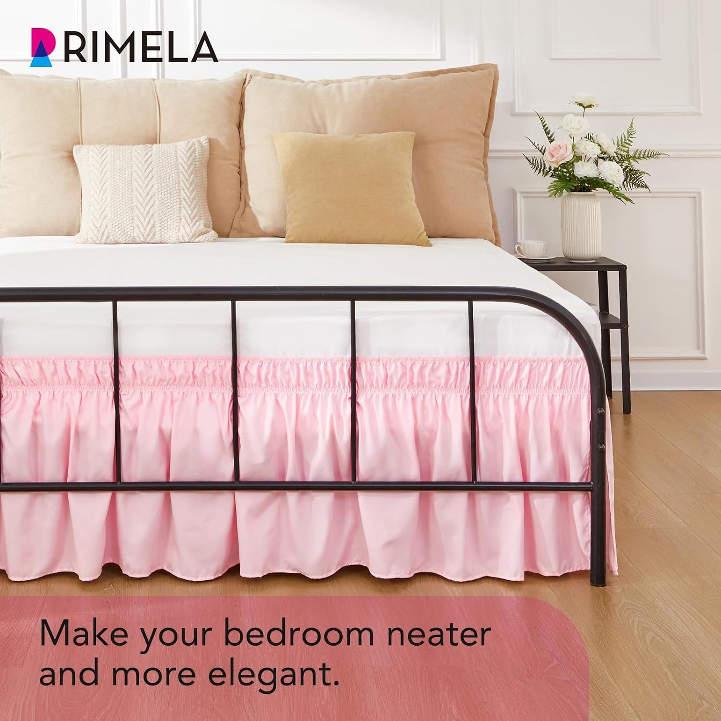 RIMELA Pink Bed Skirt Queen Size 15 Inch Drop Split Corners, Wrap Around Elastic Bedskirt, Dust Ruffle for Adjustable Bed Base Machine Washable Easy to Install Bed Skirts