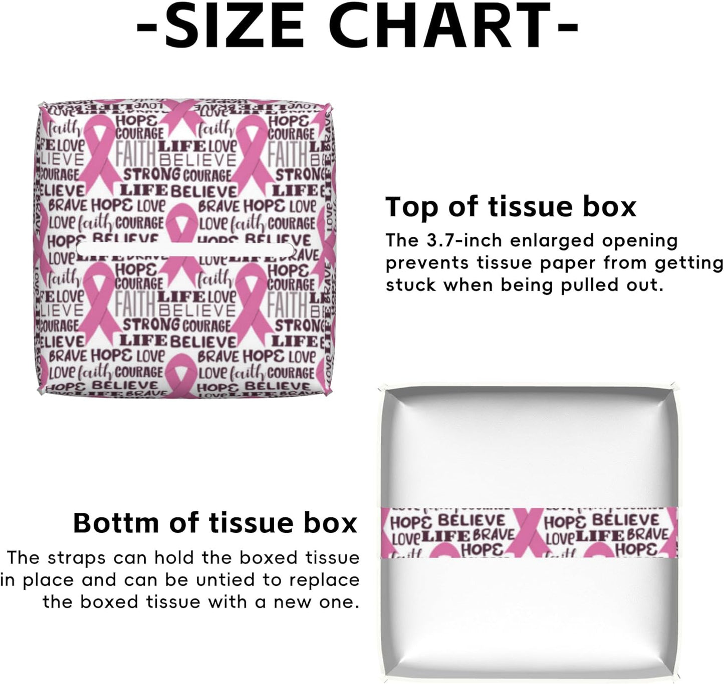 Pink Ribbon Tissue Box Cover,Breast Cancer PU Leather Tissue Box Holder Square,Modern Home Decoration for Bathroom Living Room Kitchen Office Car,5.2"×5.2"×5.2"