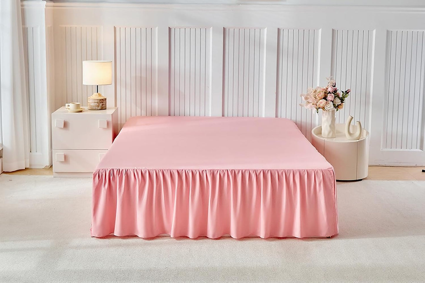 Uozzi Bedding Bed Skirt Queen Size Three Fabric Sides Elastic Dust Ruffled Bed Skirt with Split Corners, Full Ruffles Bed Skirts 16 Inch Drop with Platform, 16'' Queen Pink
