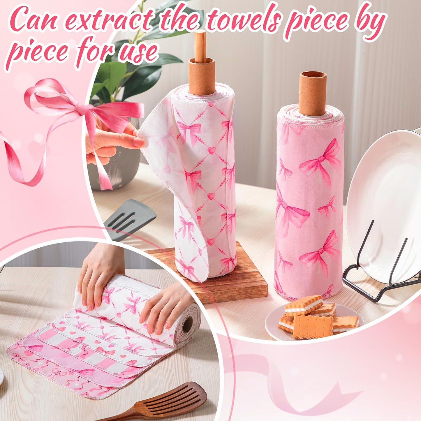 Redbaker 50 Pcs Reusable Paper Towels Paperless Reusable Cotton Cloths Toilet Absorbent Washable Paper Towels with Roll Kitchen Dishcloth for Kitchen Paperless Dishcloths(Pink Bow)