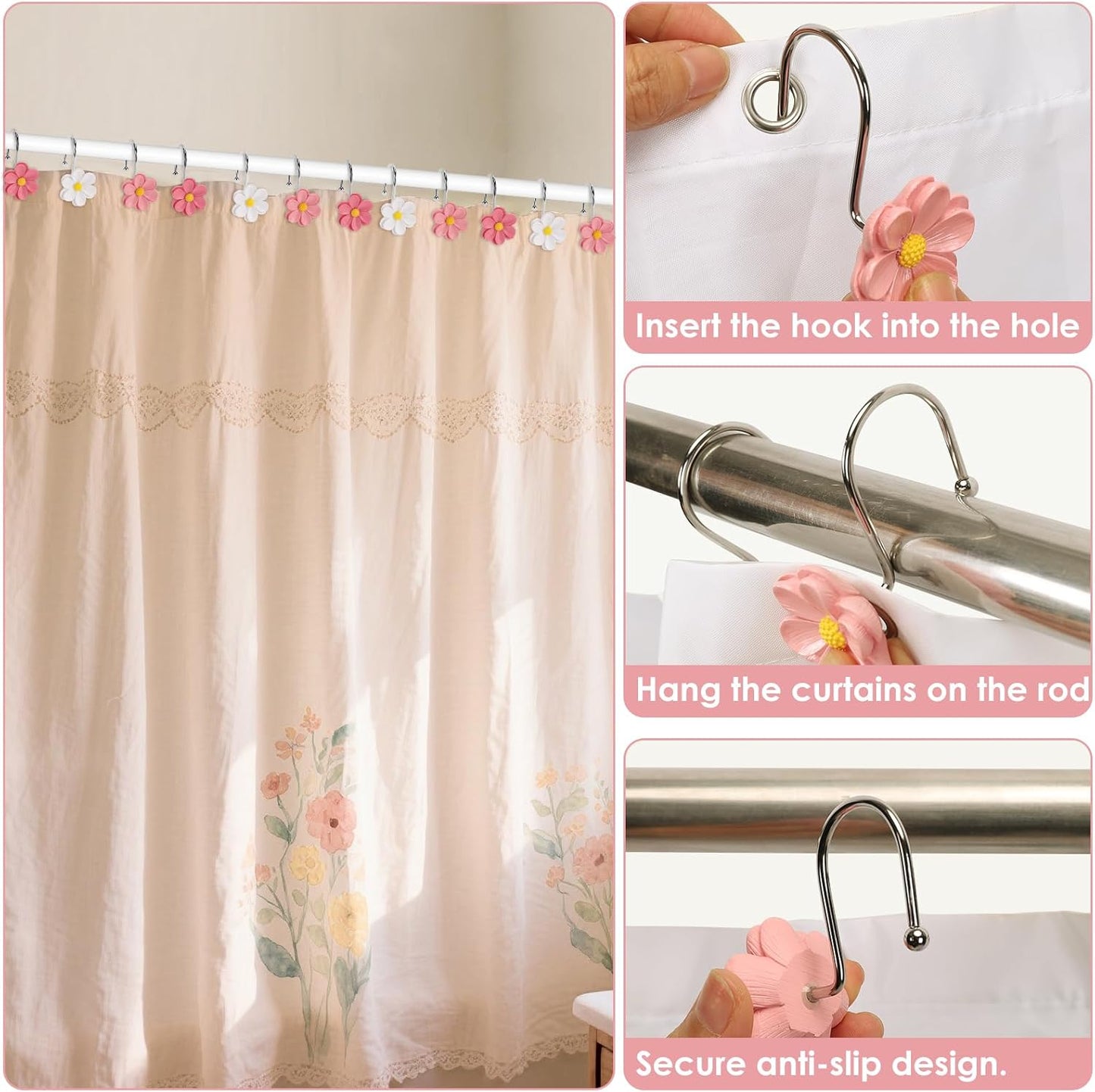 Flower Shower Curtain Hooks, 12 Pack Rustproof Stainless Steel Decorative, Bohemian Floral Bathroom Accessories for Curtain Rod and Shower Rod（Peach Blush）