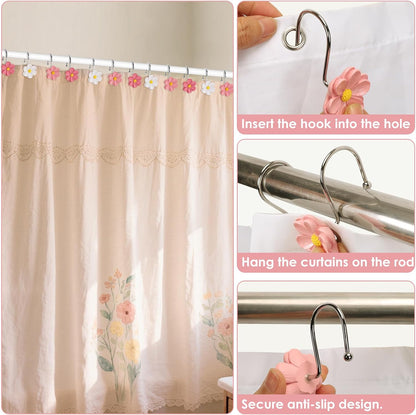 Flower Shower Curtain Hooks, 12 Pack Rustproof Stainless Steel Decorative, Bohemian Floral Bathroom Accessories for Curtain Rod and Shower Rod（Peach Blush）