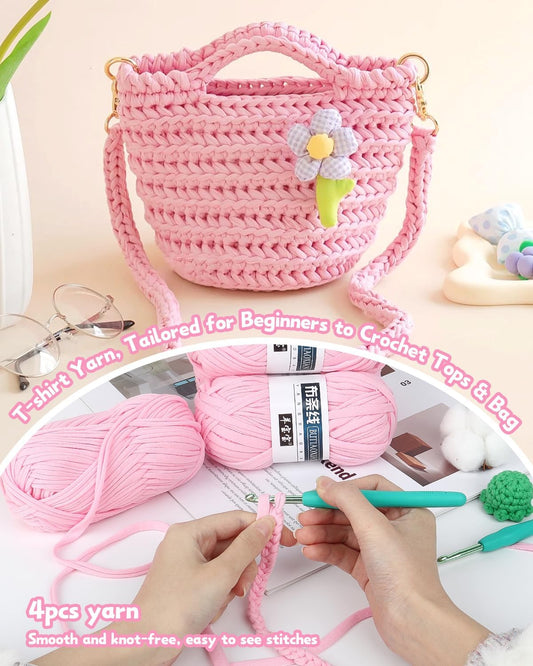 Katech T-Shirt Yarn in Pink for Crocheting, 4x100g/130yds Elastic Fabric Kit for Knitting & Hand DIY Projects, Home Decor