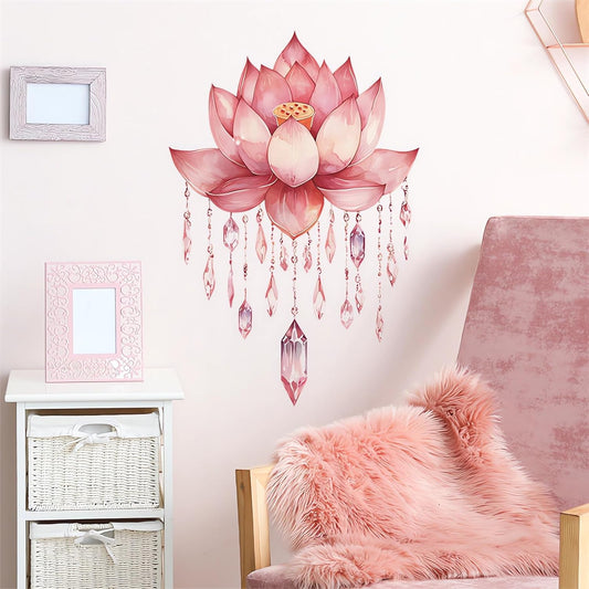 Pink Louts Crystal Pendant Flower Wall Stickers, Buddha Floral Art Wall Decals Removable Vinyl Peel and Stick Living Room Bedroom Home Decorations