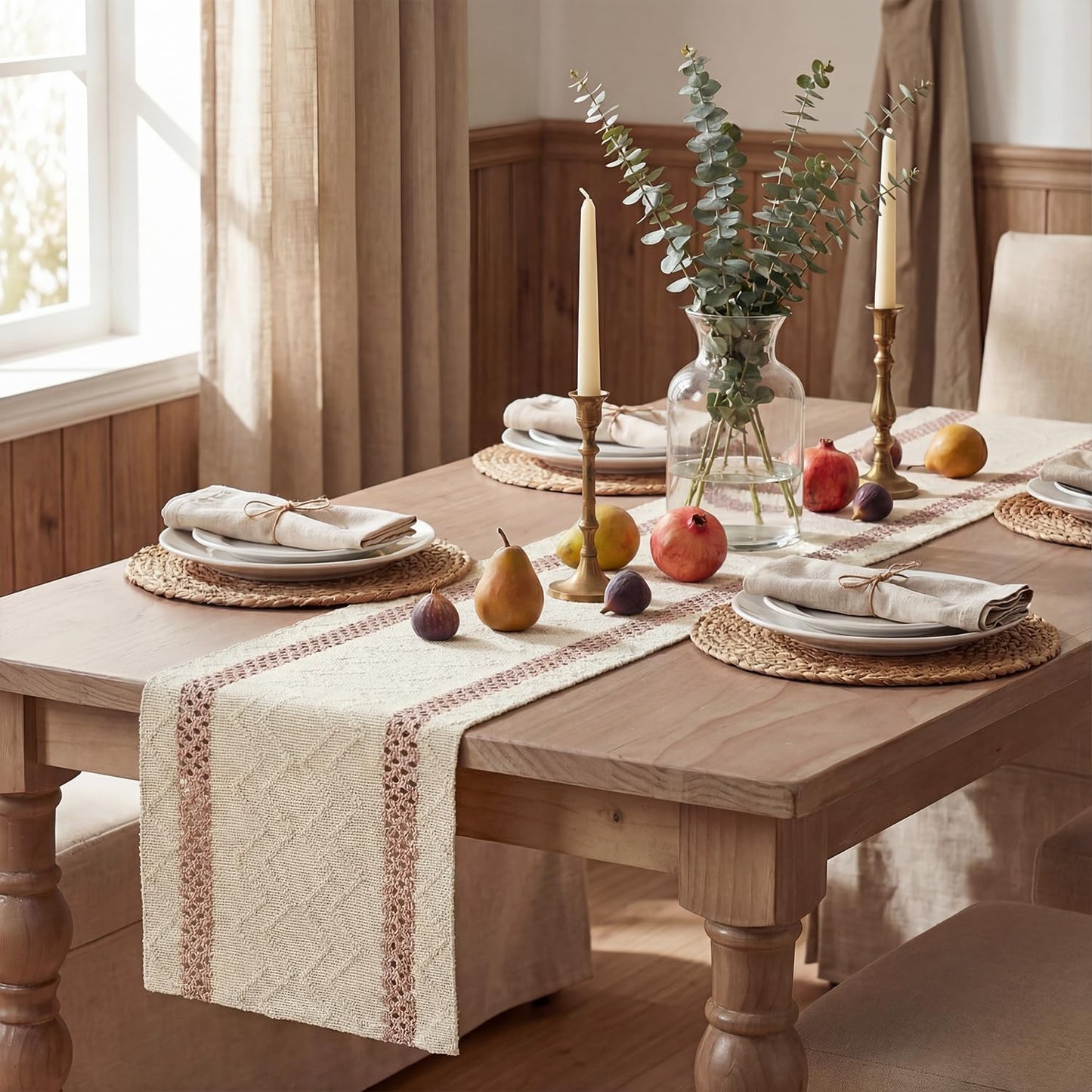Artoid Mode Pink Stripe Woven Table Runner, Seasonal Holiday Hollow Kitchen Dining Table Decoration for Home Party Decor 12x72 Inch