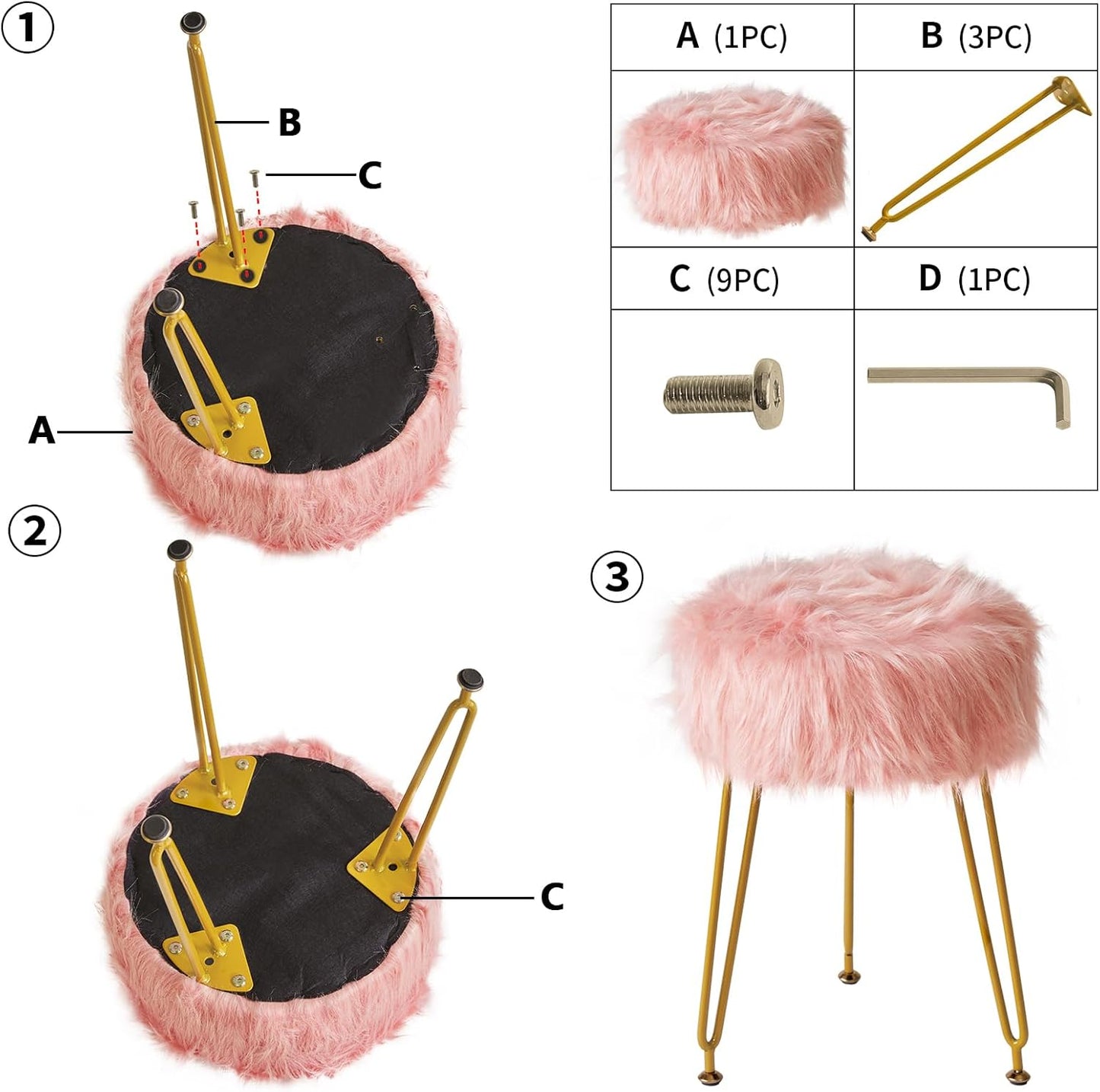 IBUYKE Faux Fur Vanity Stool Chair, Furry Makeup Stool Ottoman, Soft Padded Seat, Round Footrest Footstools with 4 Metal Legs, for Living Room Bedroom Entryway, Pink LG-32P