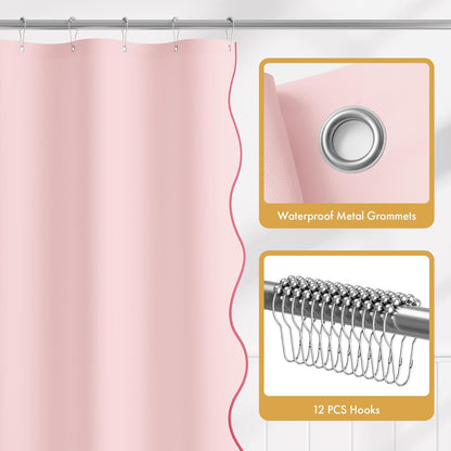 Bathway Pink Scalloped Shower Curtain with 12 Metal Hooks, Cute Heavy Duty Washable Curtains for Bathroom Hotel Bathtub, Water Repellent, 72 x 72 Inches