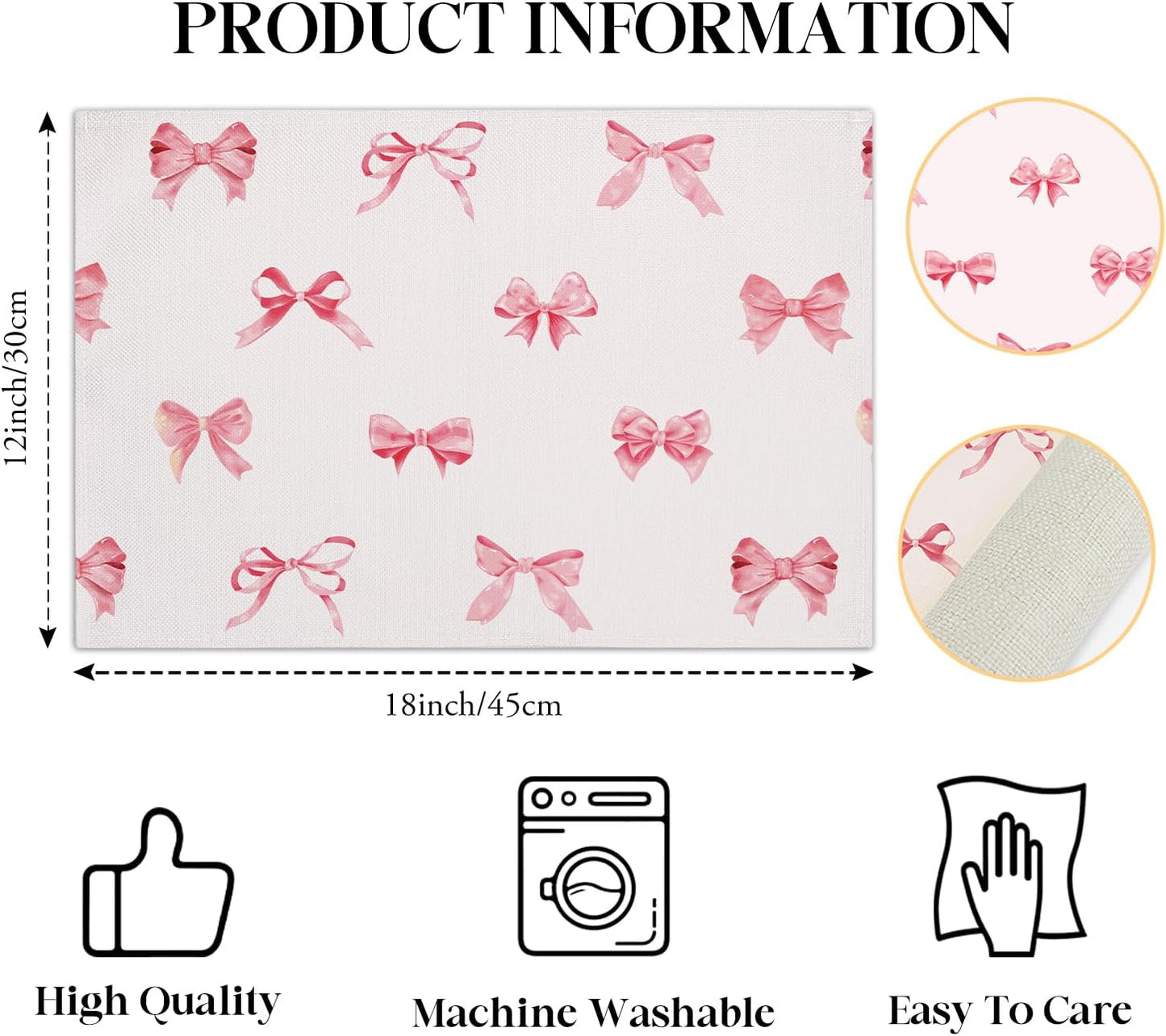 Pink Bow Placemats Set of 4, 12x18 Inch Waterproof Washable Heat Resistant Place Mats, Table Placemats for Dining Restaurant Farmhouse Decoration, Bridal Shower Wedding Party Table Decor -rc13