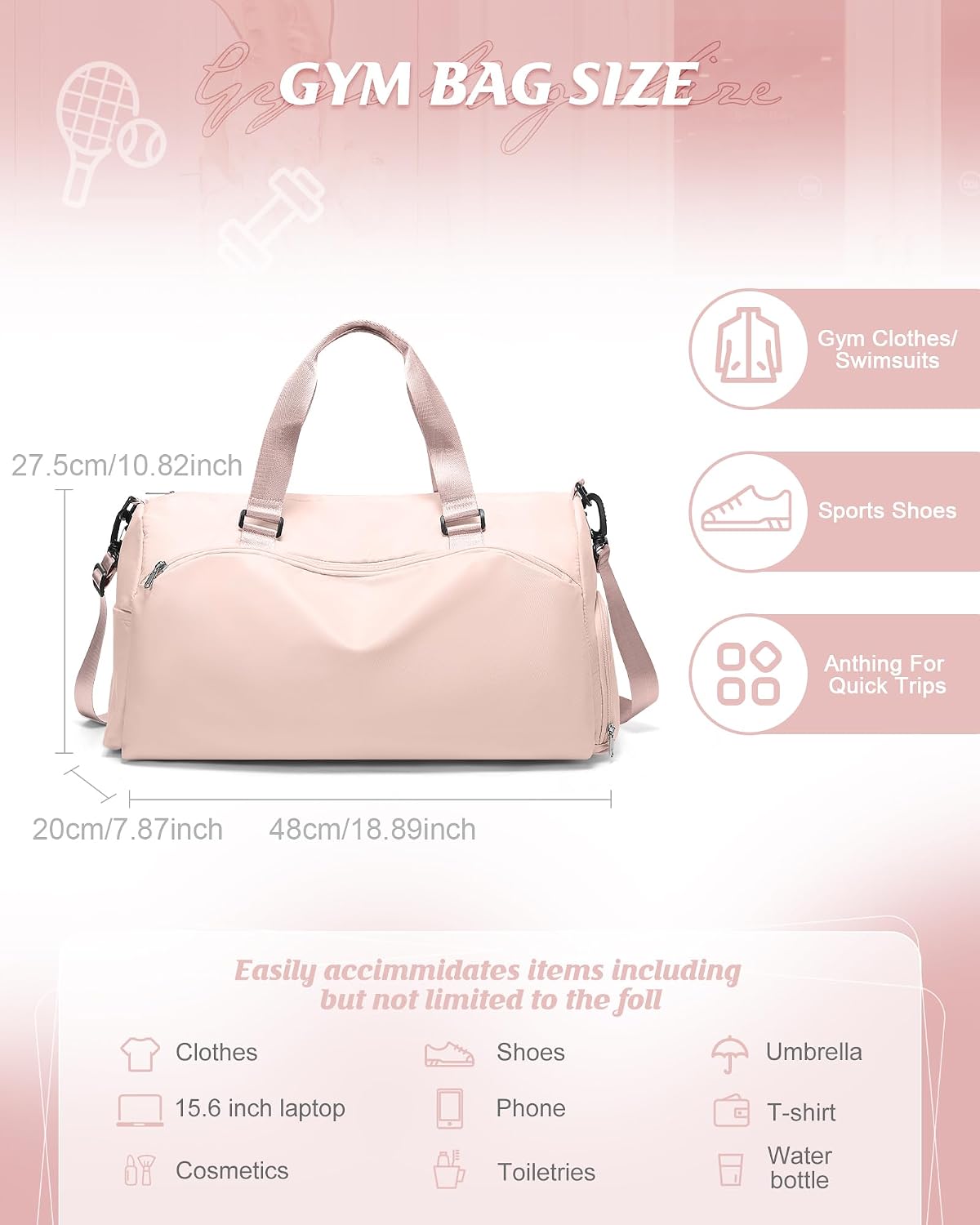 Gym Bag for Women with Shoe Compartment Lightweight Travel Duffle Bags Carry on Bag Overnight Weekender Duffel Bag with Wet Pocket Personal Item Travel Bag Tote Bag Workout Dance Bag Pink