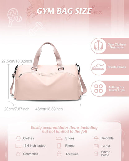 Gym Bag for Women with Shoe Compartment Lightweight Travel Duffle Bags Carry on Bag Overnight Weekender Duffel Bag with Wet Pocket Personal Item Travel Bag Tote Bag Workout Dance Bag Pink