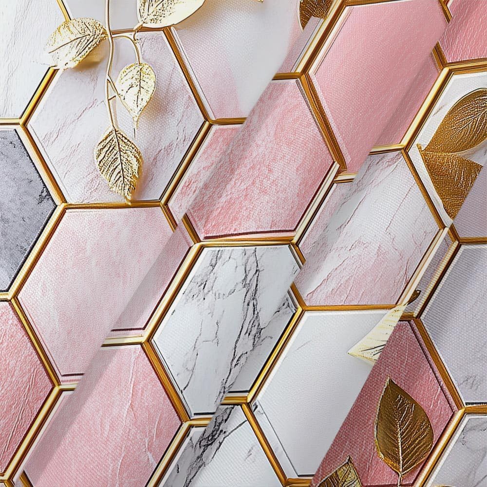 JAWO Pink Shower Curtain, Modern Abstract Geometric Shower Curtains for Bathroom Decor, Gold Leaves Waterproof Polyester Fabric Shower Curtain with 12 Hooks, 36x72