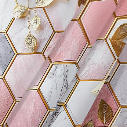 JAWO Pink Shower Curtain, Modern Abstract Geometric Shower Curtains for Bathroom Decor, Gold Leaves Waterproof Polyester Fabric Shower Curtain with 12 Hooks, 36x72