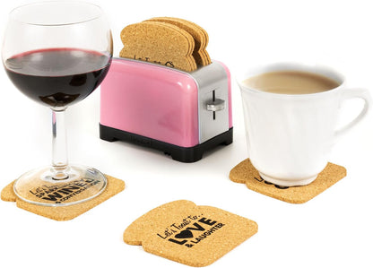 Toaster Coaster, Set of 6 Cork Coasters Round and Surface Protector for Drink, Coffee, Tea, Beer, Wine at Home or Bar, Novelty Gift Idea (Pink)