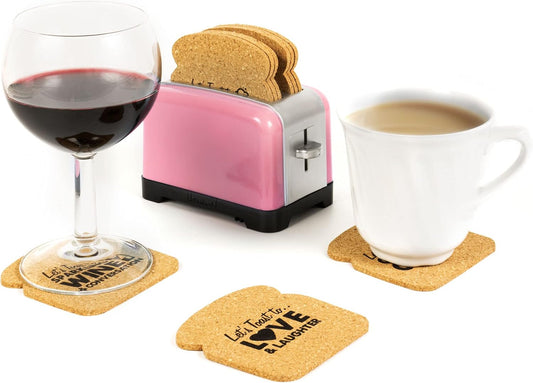 Toaster Coaster, Set of 6 Cork Coasters Round and Surface Protector for Drink, Coffee, Tea, Beer, Wine at Home or Bar, Novelty Gift Idea (Pink)