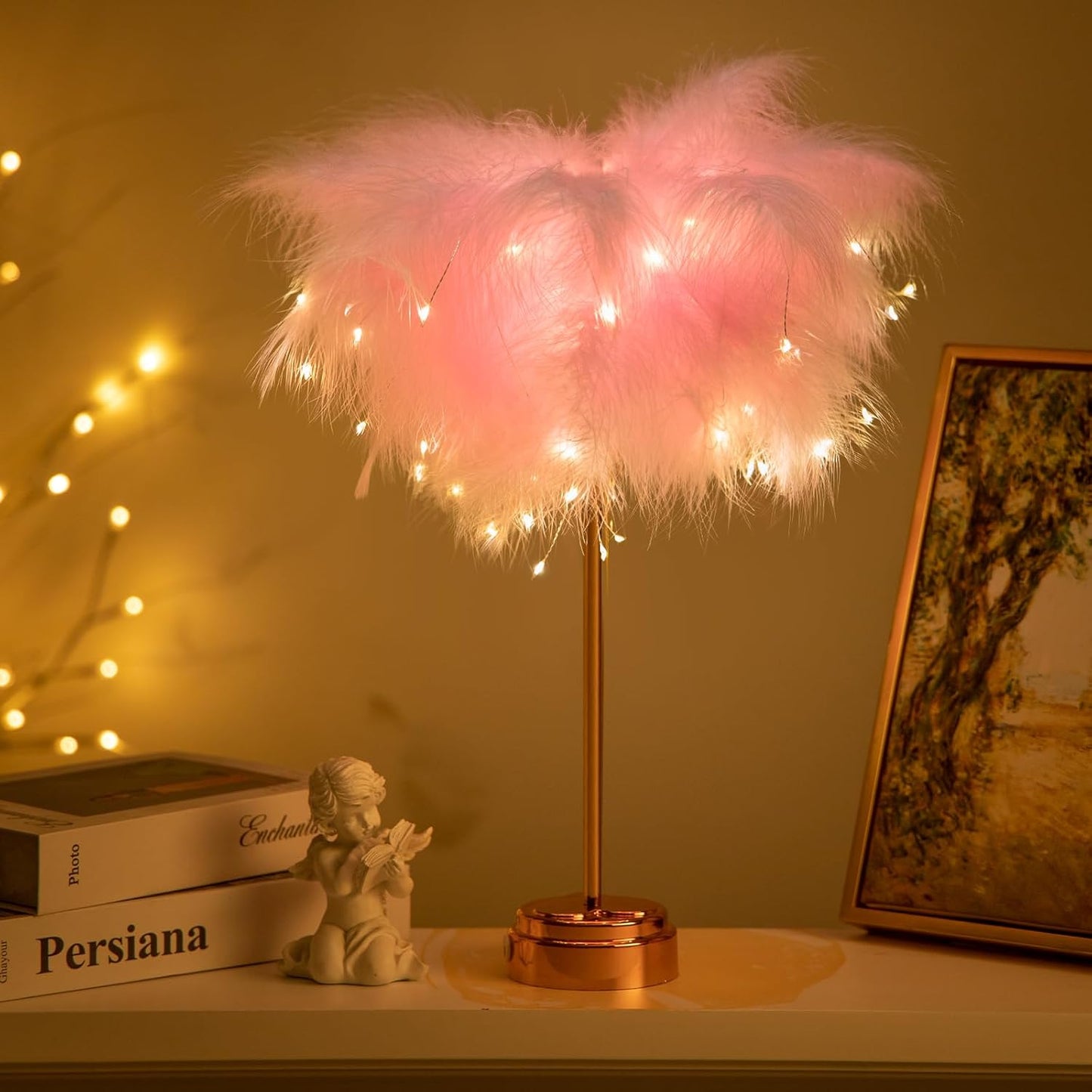 BDUSXYZ Pink Feather Lamp - LED Atmosphere Feather Night Lights Bedside Lamps for Mother, Girlfriend Home Girl Room Wedding Decoration (2PCS)