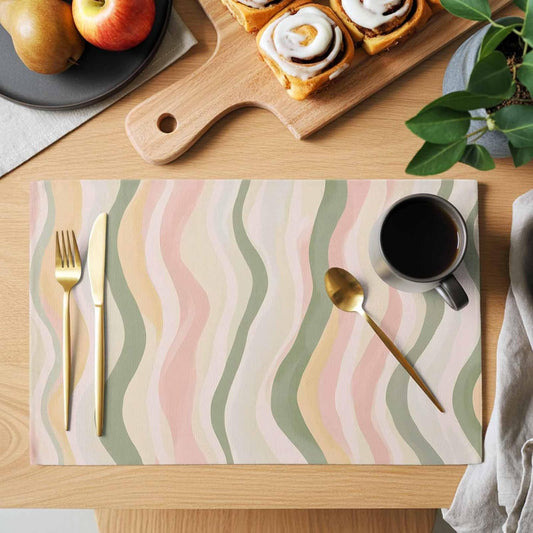 Placemats Set of 6, Light Green Pink Stripes Wipeable Washable Table Mats for Dining Tables, Low Saturation Colorful Pattern Place Mats for Kitchen Party Holiday Tabletop Decor
