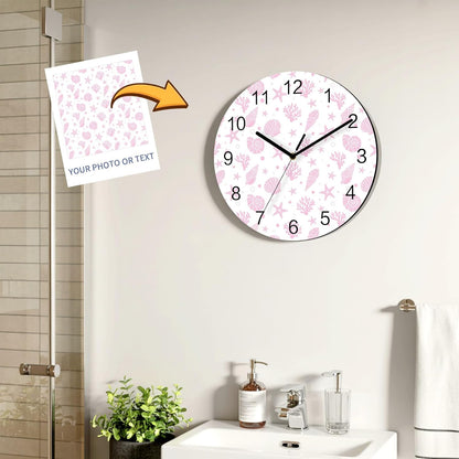 Marine Life Wall Clock Battery Operated Non-Ticking 10" Round Wood Clocks, Pink Ocean Coral Shell Starfish Kitchen Wall Clock for School Bathroom Living Room Home Office Wall Decor